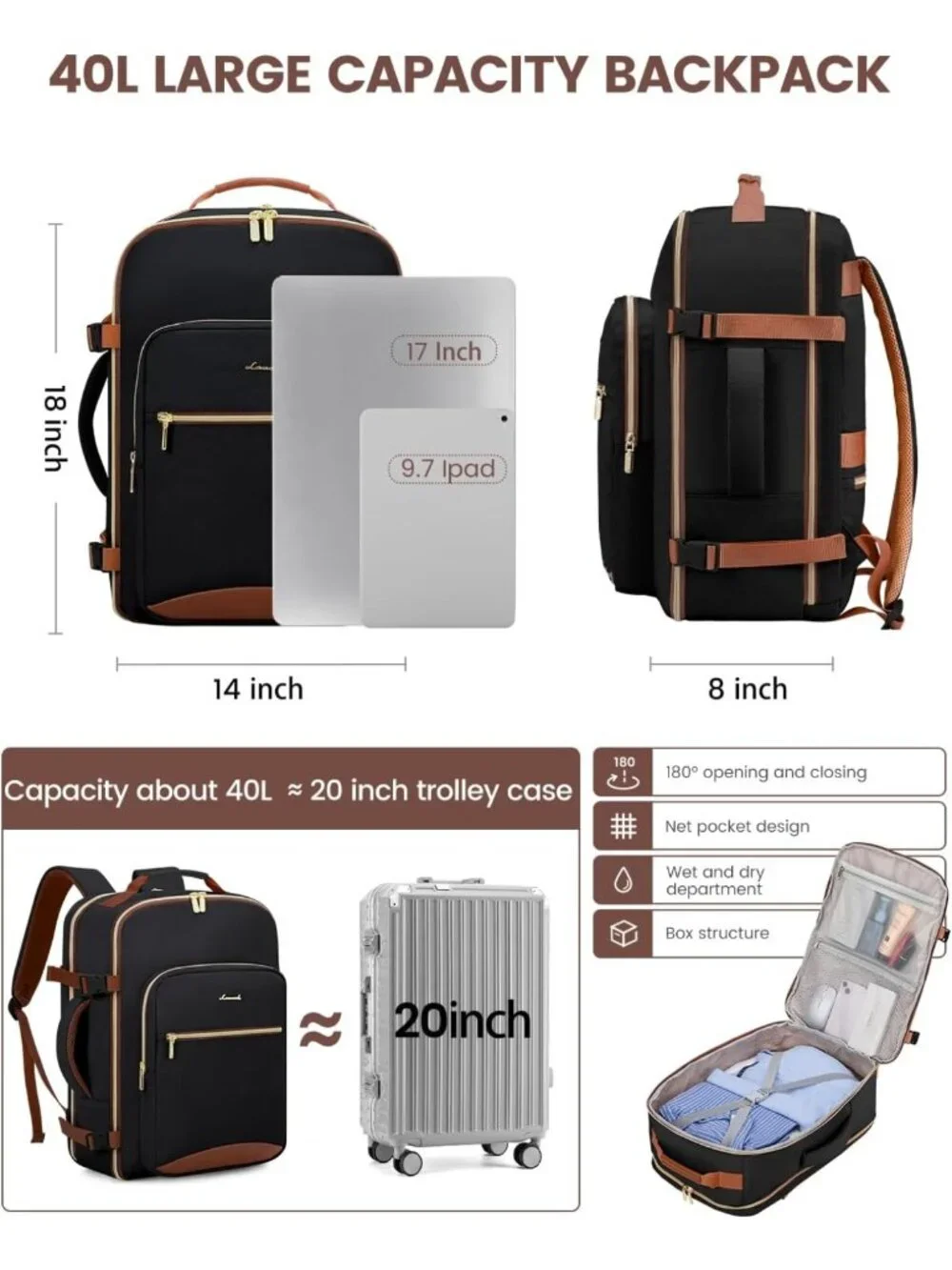 Versatile 40L Travel Backpack, Airline Approved Carry-On, Waterproof, Fits 17
